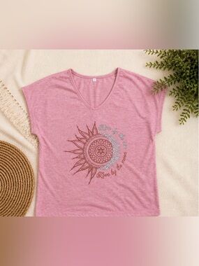 Boho Sun & Moon Graphic Tee Pink V-Neck “Live by The Sun Love by The Moon”